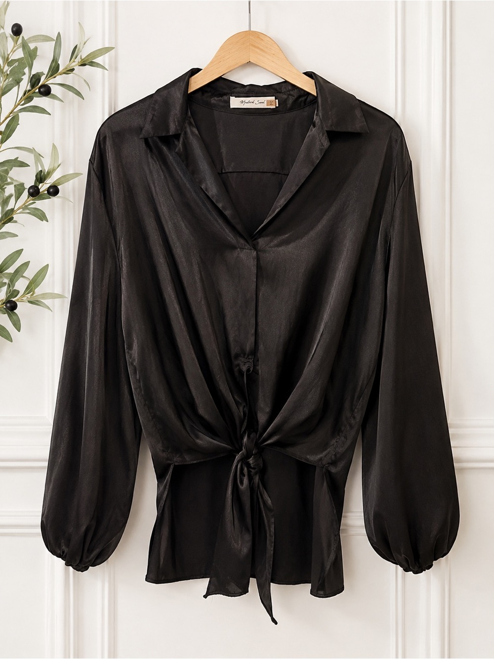 Mustard Seed Black Satin Tie Front Blouse Balloon Sleeve Top NWOT Size Large